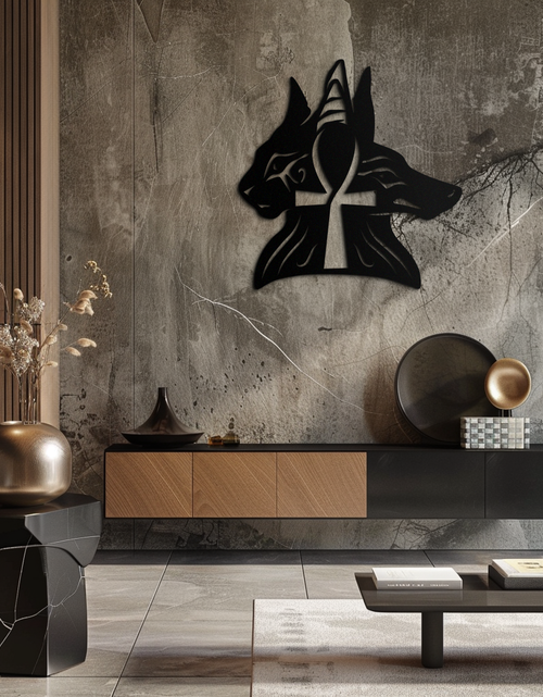 Load image into Gallery viewer, Egyptian Cat and Jackal Metal Wall Art – Ankh Cross Black Wall Decor- KAF558
