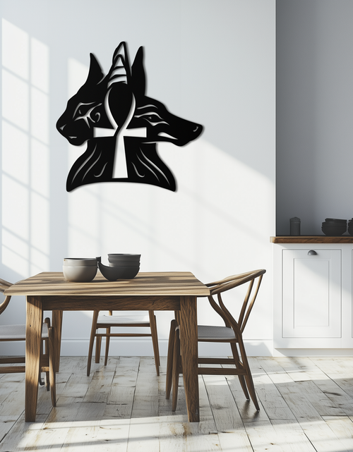 Load image into Gallery viewer, Egyptian Cat and Jackal Metal Wall Art – Ankh Cross Black Wall Decor- KAF558
