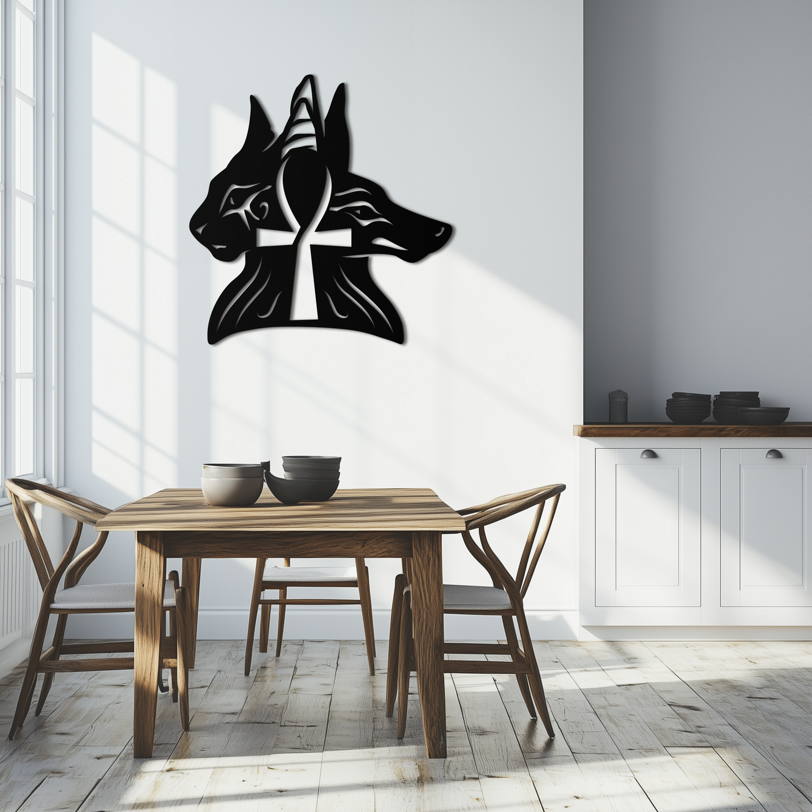 Egyptian Cat and Jackal Metal Wall Art – Ankh Cross Black Wall Decor- KAF558