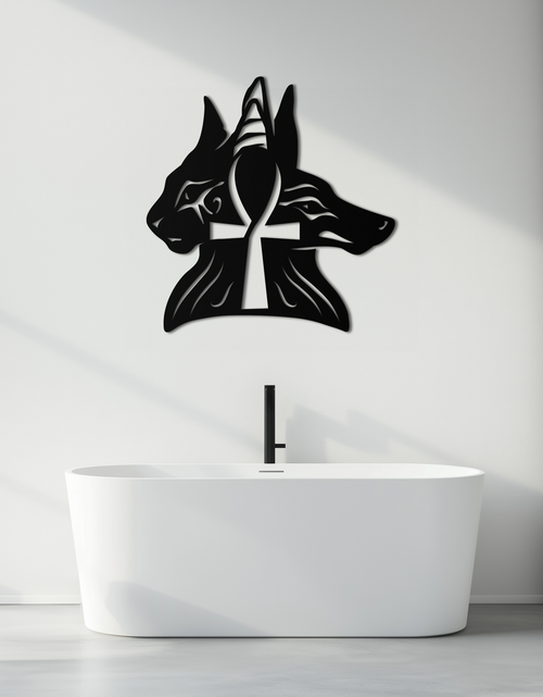 Load image into Gallery viewer, Egyptian Cat and Jackal Metal Wall Art – Ankh Cross Black Wall Decor- KAF558
