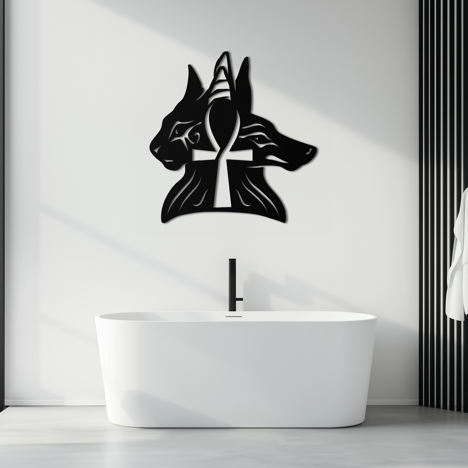Egyptian Cat and Jackal Metal Wall Art – Ankh Cross Black Wall Decor- KAF558
