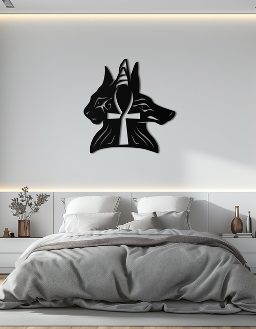Load image into Gallery viewer, Egyptian Cat and Jackal Metal Wall Art – Ankh Cross Black Wall Decor- KAF558
