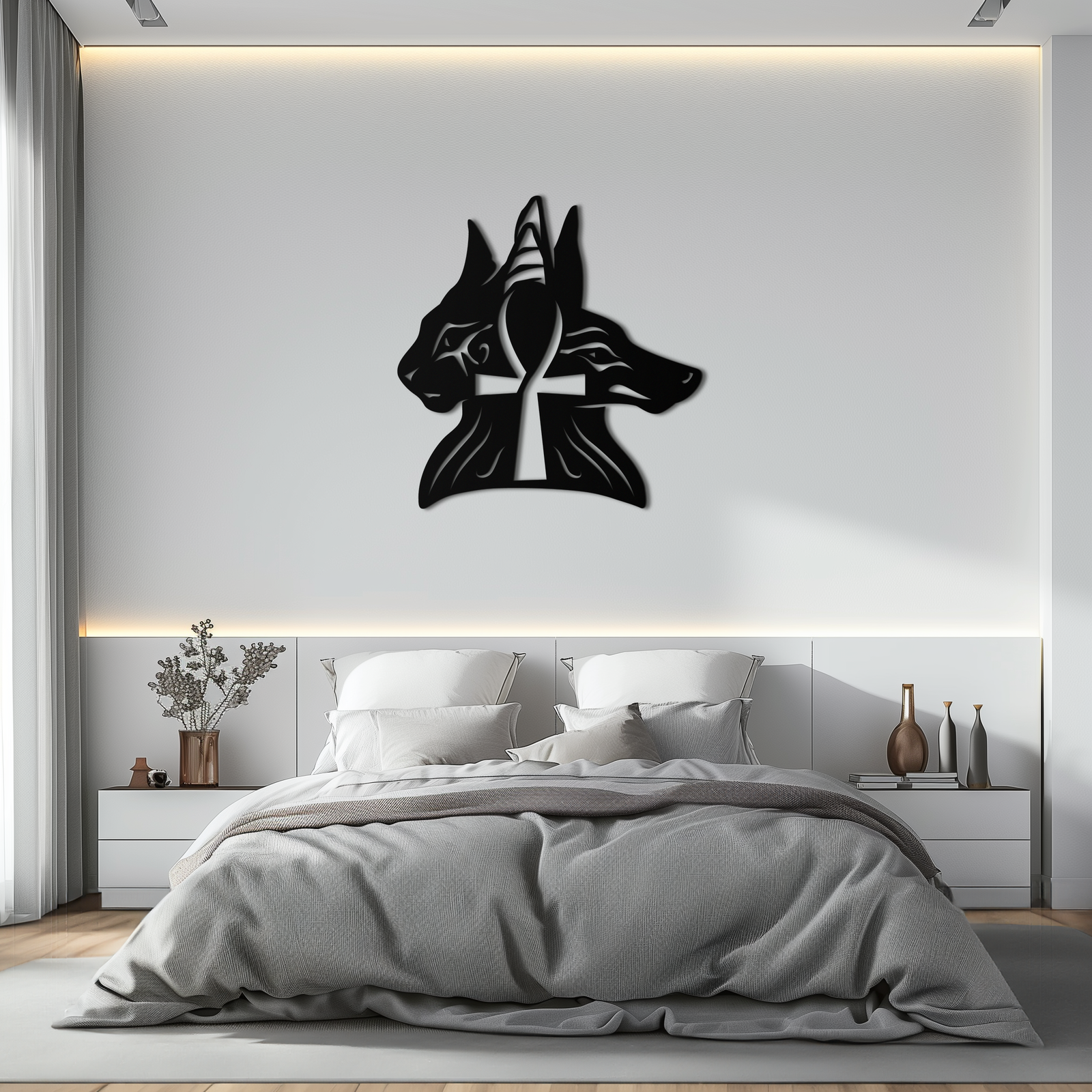 Egyptian Cat and Jackal Metal Wall Art – Ankh Cross Black Wall Decor- KAF558