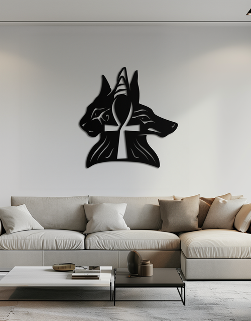 Load image into Gallery viewer, Egyptian Cat and Jackal Metal Wall Art – Ankh Cross Black Wall Decor- KAF558
