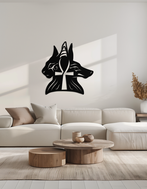 Load image into Gallery viewer, Egyptian Cat and Jackal Metal Wall Art – Ankh Cross Black Wall Decor- KAF558
