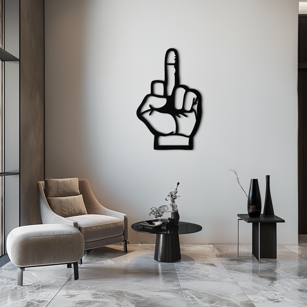 Funny Middle Finger Metal Wall Art – Bold and Playful Black Home Decor- KAF562