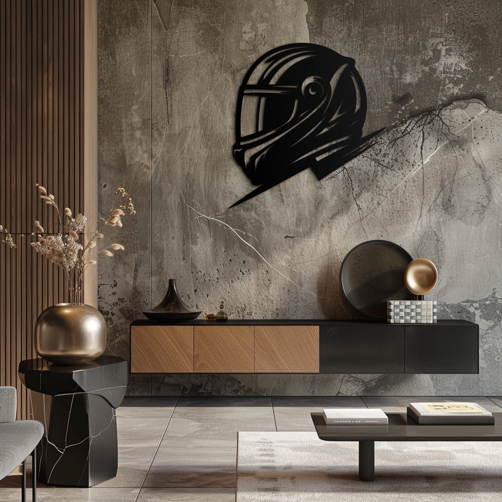 Racing Helmet Silhouette Metal Wall Art – Modern Motorsport Home Decor- KAF565