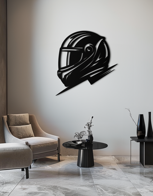 Load image into Gallery viewer, Racing Helmet Silhouette Metal Wall Art – Modern Motorsport Home Decor- KAF565
