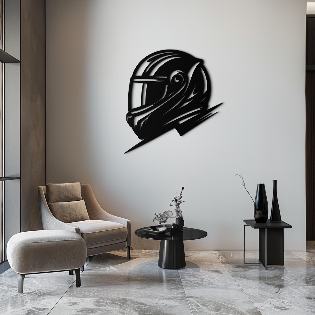 Racing Helmet Silhouette Metal Wall Art – Modern Motorsport Home Decor- KAF565