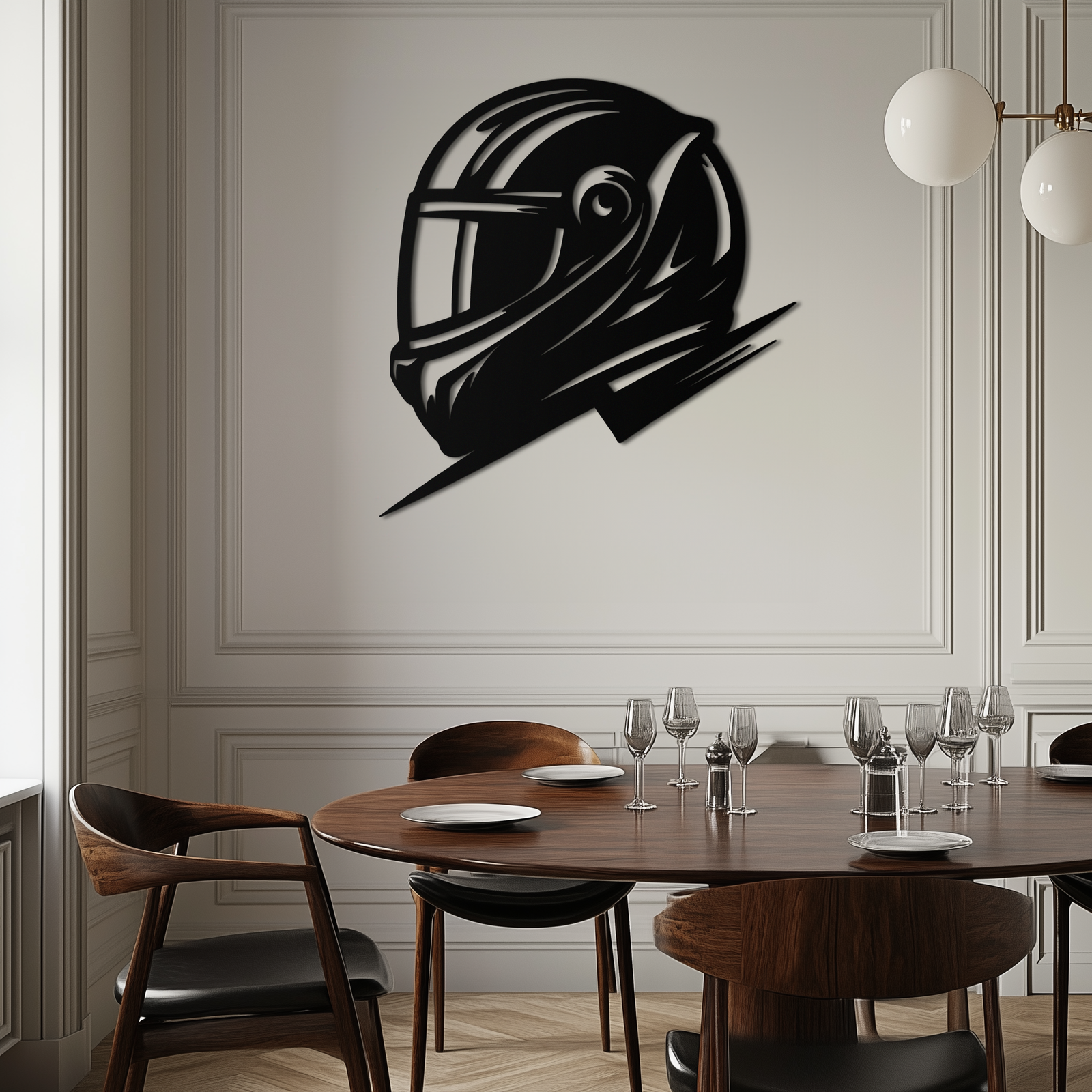 Racing Helmet Silhouette Metal Wall Art – Modern Motorsport Home Decor- KAF565