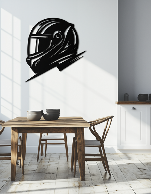 Load image into Gallery viewer, Racing Helmet Silhouette Metal Wall Art – Modern Motorsport Home Decor- KAF565
