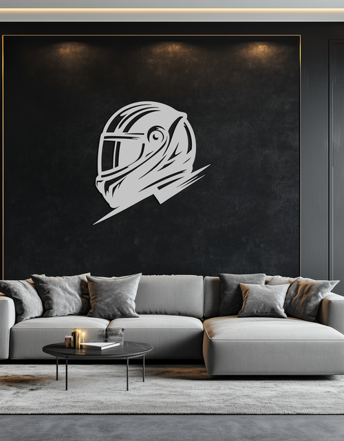 Load image into Gallery viewer, Racing Helmet Silhouette Metal Wall Art – Modern Motorsport Home Decor- KAF565
