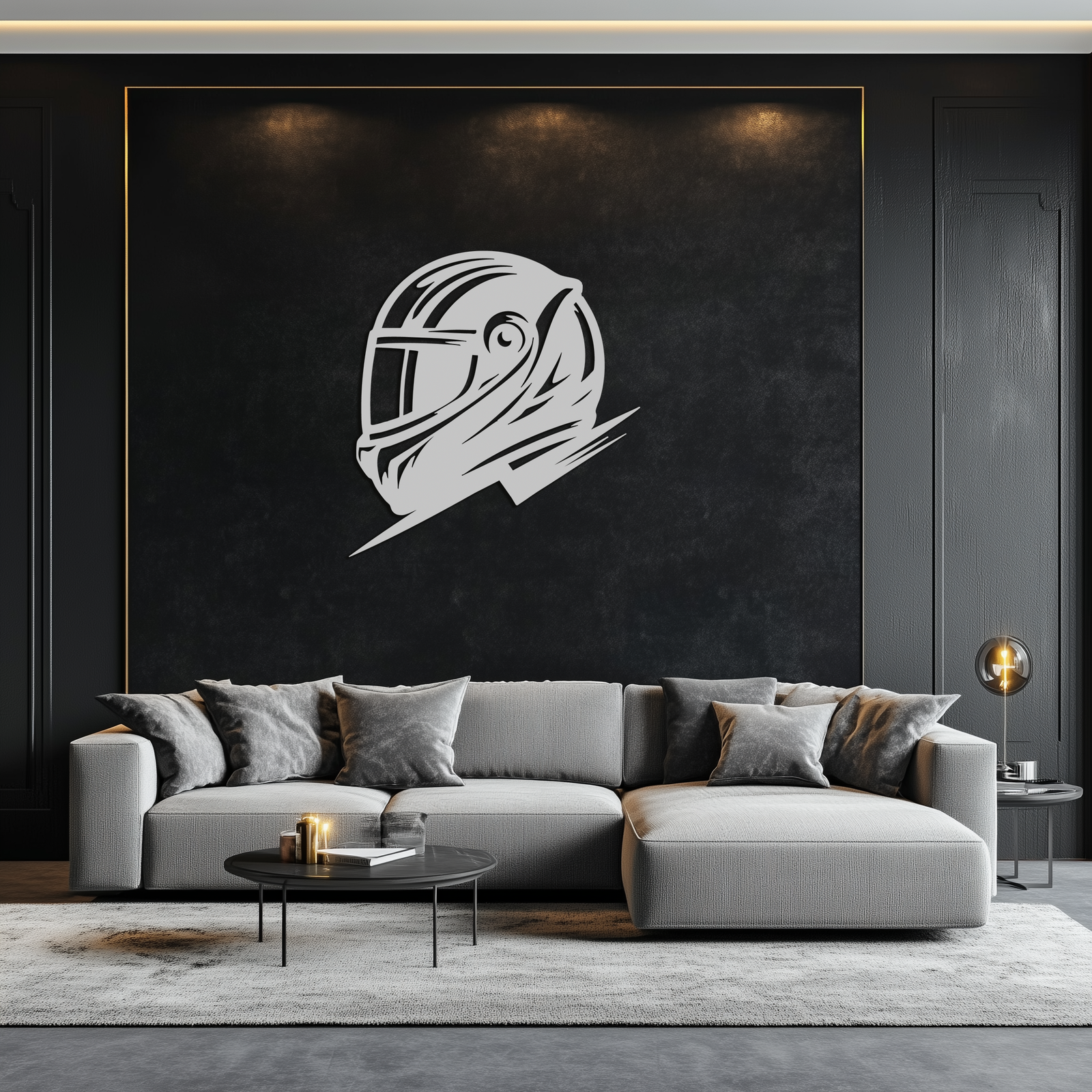 Racing Helmet Silhouette Metal Wall Art – Modern Motorsport Home Decor- KAF565