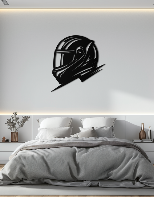 Load image into Gallery viewer, Racing Helmet Silhouette Metal Wall Art – Modern Motorsport Home Decor- KAF565
