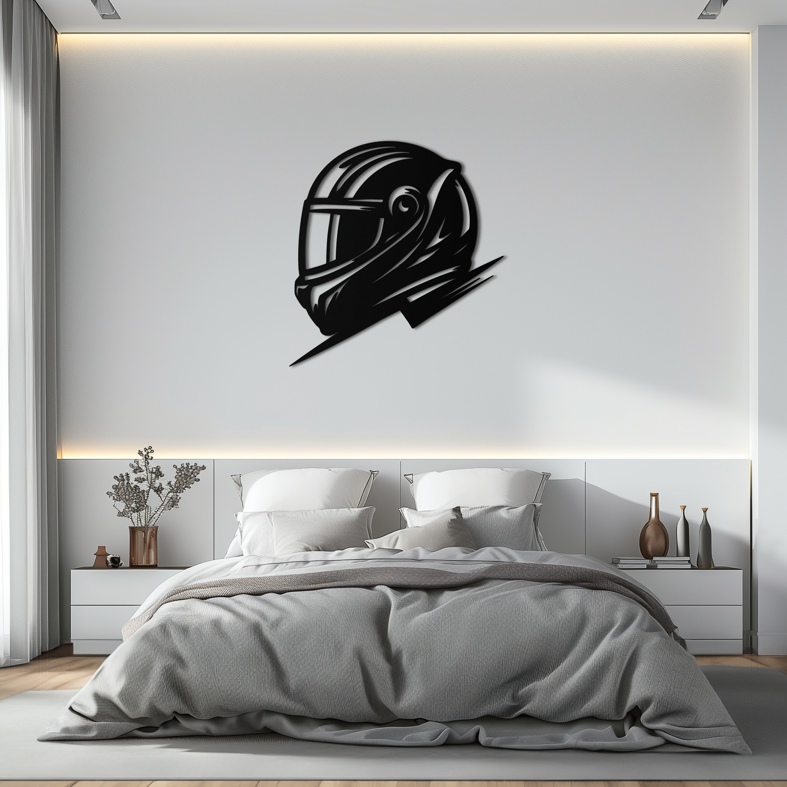 Racing Helmet Silhouette Metal Wall Art – Modern Motorsport Home Decor- KAF565