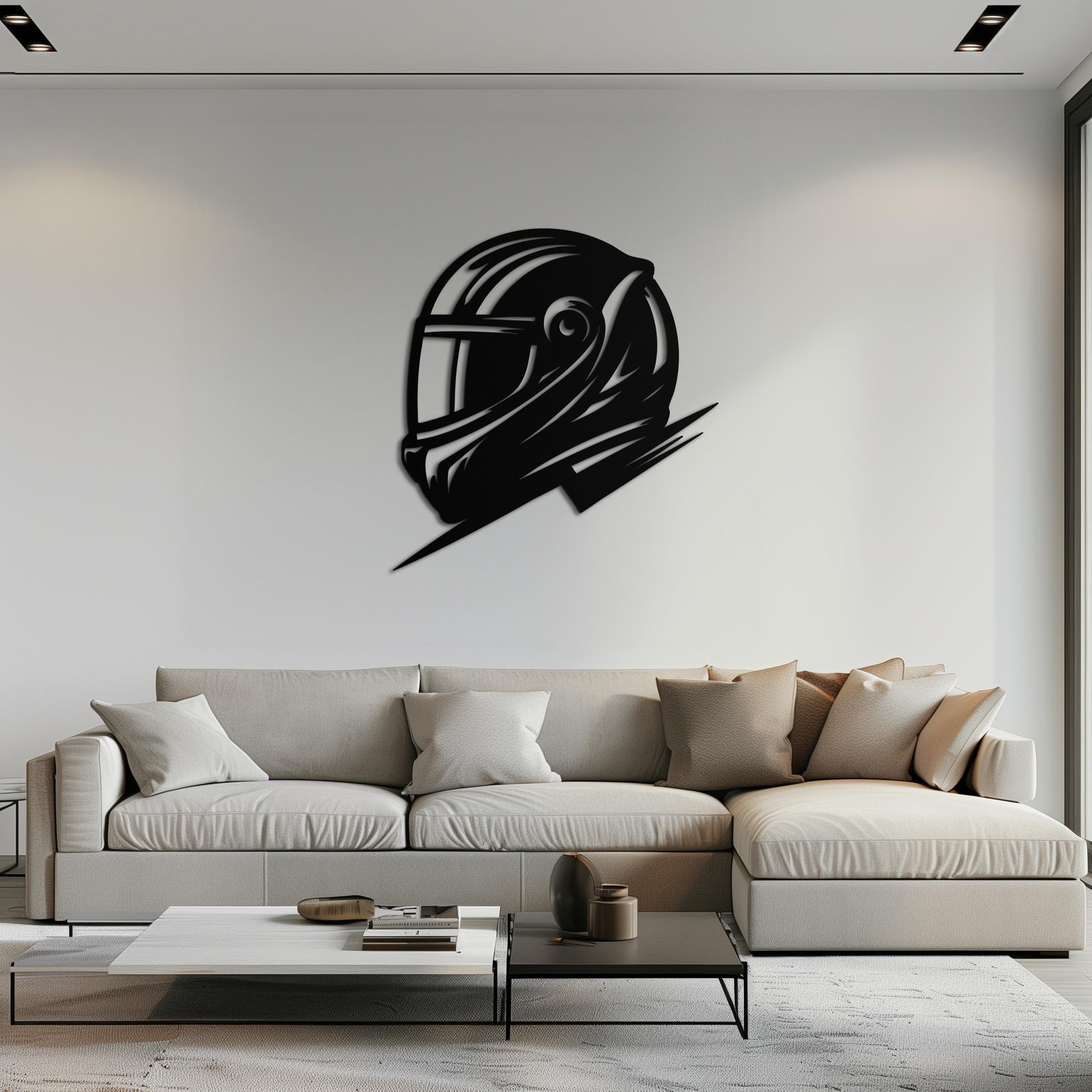 Racing Helmet Silhouette Metal Wall Art – Modern Motorsport Home Decor- KAF565