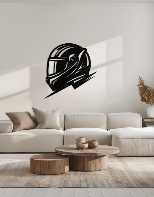 Load image into Gallery viewer, Racing Helmet Silhouette Metal Wall Art – Modern Motorsport Home Decor- KAF565
