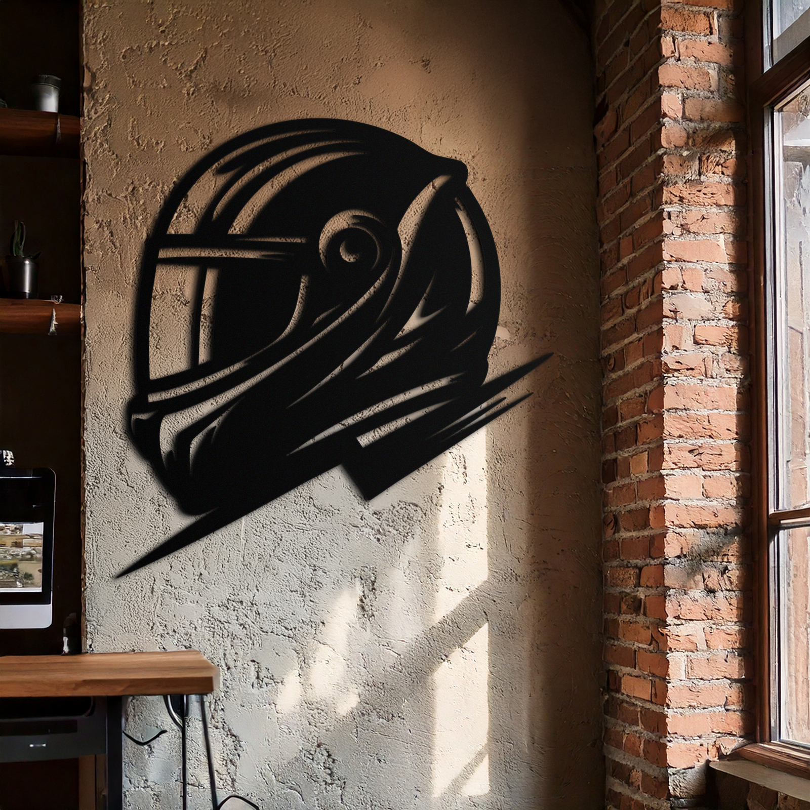 Racing Helmet Silhouette Metal Wall Art – Modern Motorsport Home Decor- KAF565