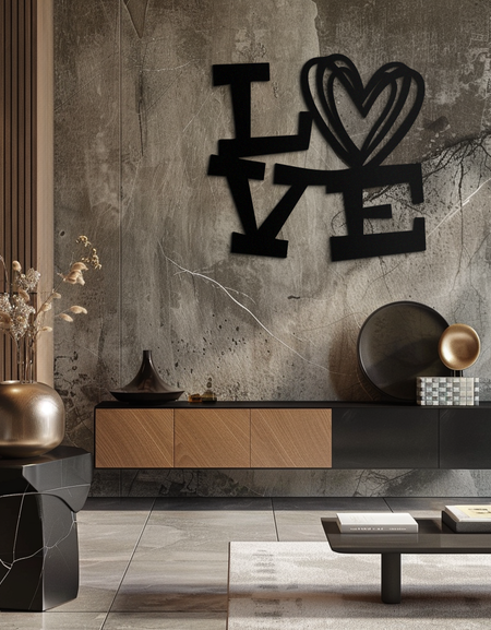 LOVE Heart Modern Metal Duvar Sanatı – Romantik Siyah Metal Duvar Dekoru- KAF566