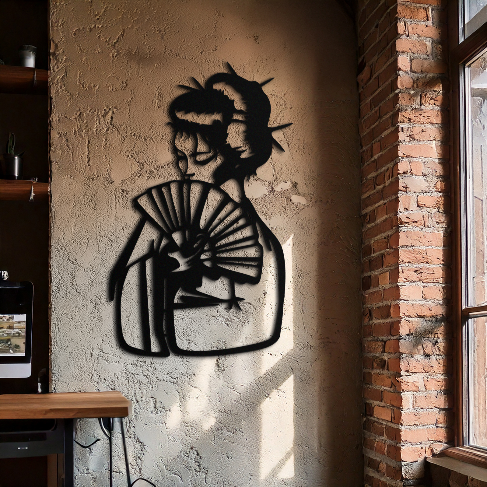 Geisha Silhouette Metal Wall Art – Japanese Woman with Fan Modern Decor- KAF568