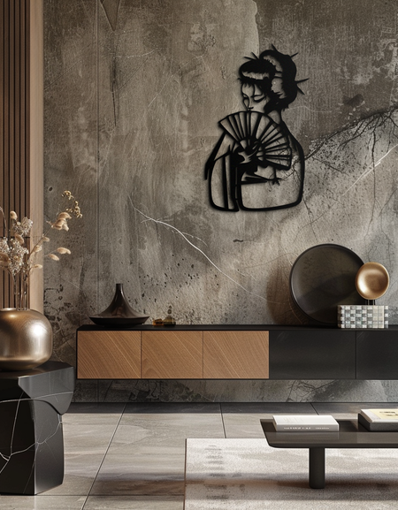 Geisha Silhouette Metal Wall Art – Japanese Woman with Fan Modern Decor- KAF568