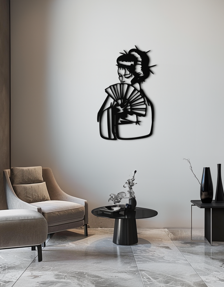 Geisha Silhouette Metal Wall Art – Japanese Woman with Fan Modern Decor- KAF568
