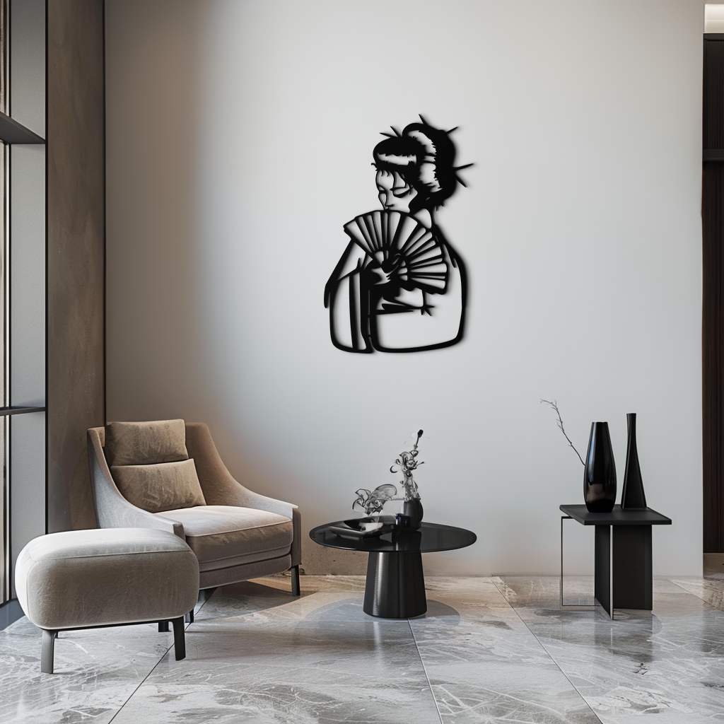 Geisha Silhouette Metal Wall Art – Japanese Woman with Fan Modern Decor- KAF568