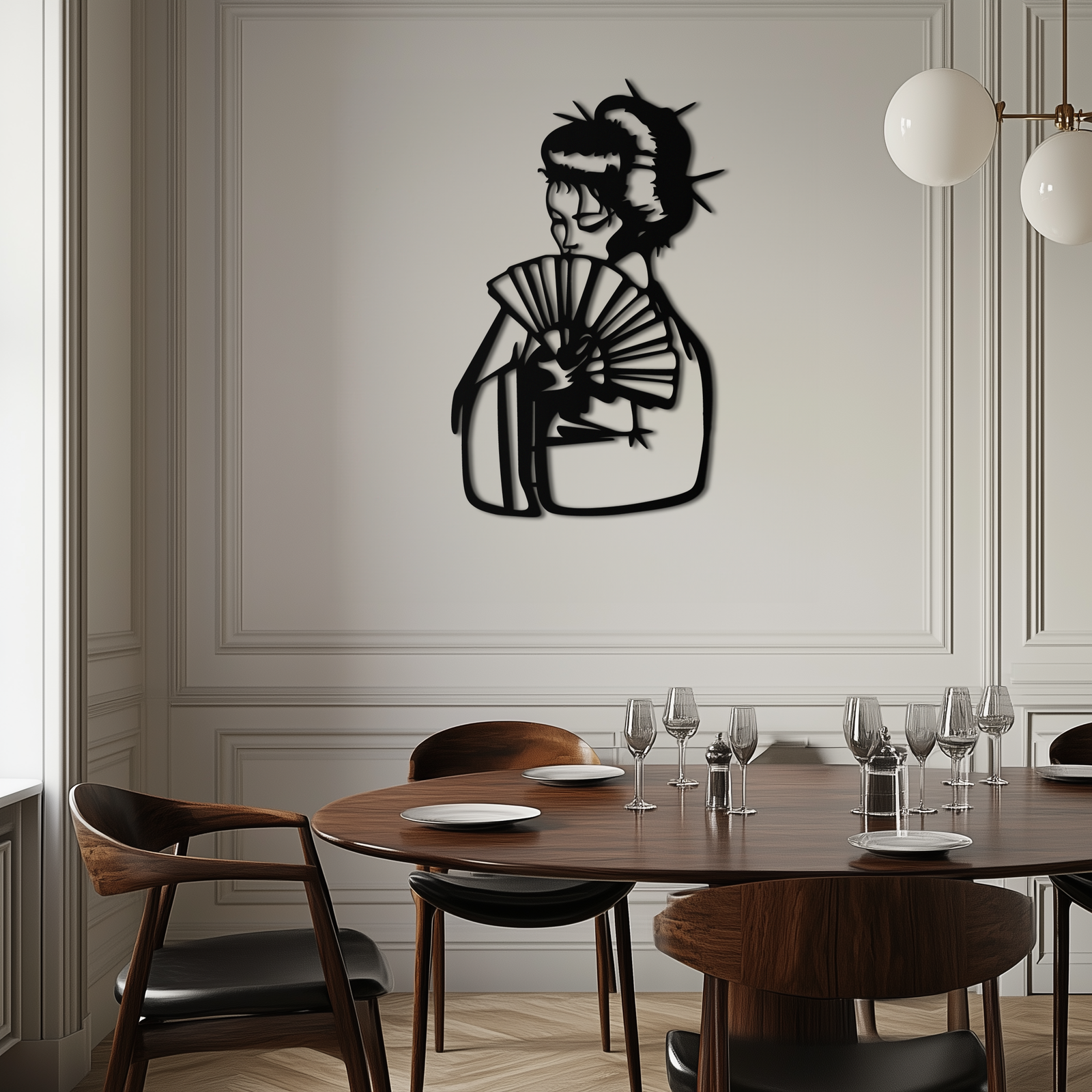 Geisha Silhouette Metal Wall Art – Japanese Woman with Fan Modern Decor- KAF568