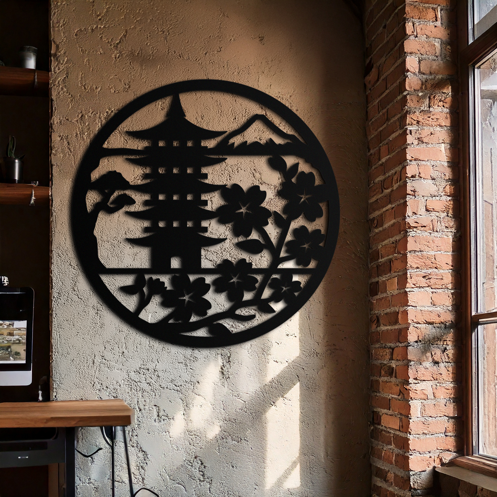 Japon Pagoda ve Sakura Çiçekleri Metal Duvar Sanatı – Zen Bahçe Dekoru- KAF570