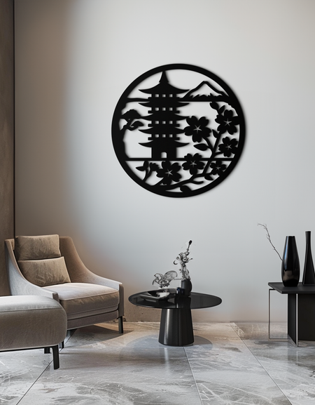 Japon Pagoda ve Sakura Çiçekleri Metal Duvar Sanatı – Zen Bahçe Dekoru- KAF570