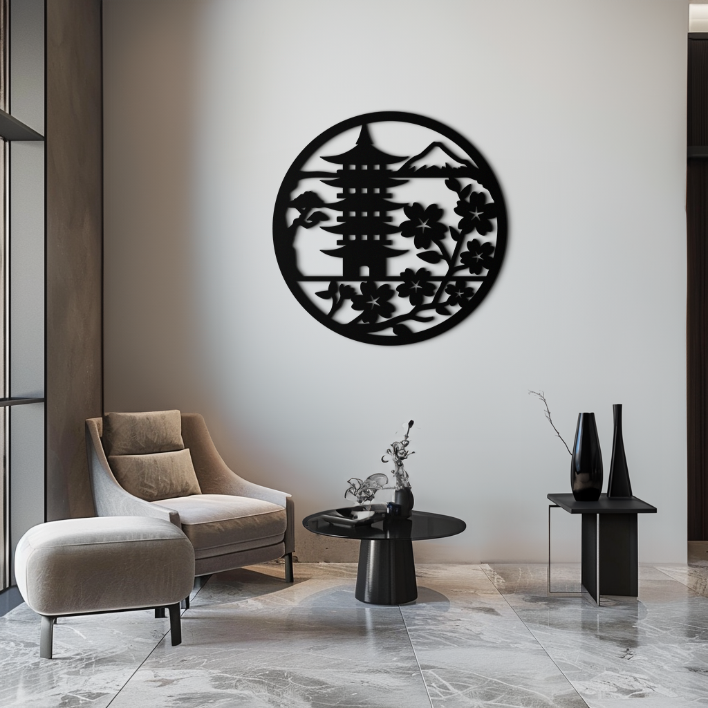Japon Pagoda ve Sakura Çiçekleri Metal Duvar Sanatı – Zen Bahçe Dekoru- KAF570
