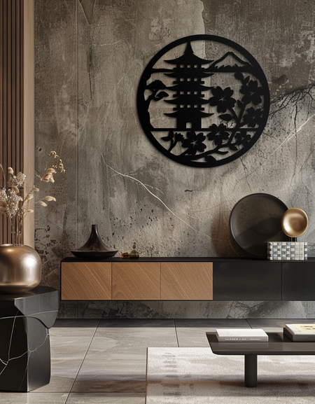 Japon Pagoda ve Sakura Çiçekleri Metal Duvar Sanatı – Zen Bahçe Dekoru- KAF570