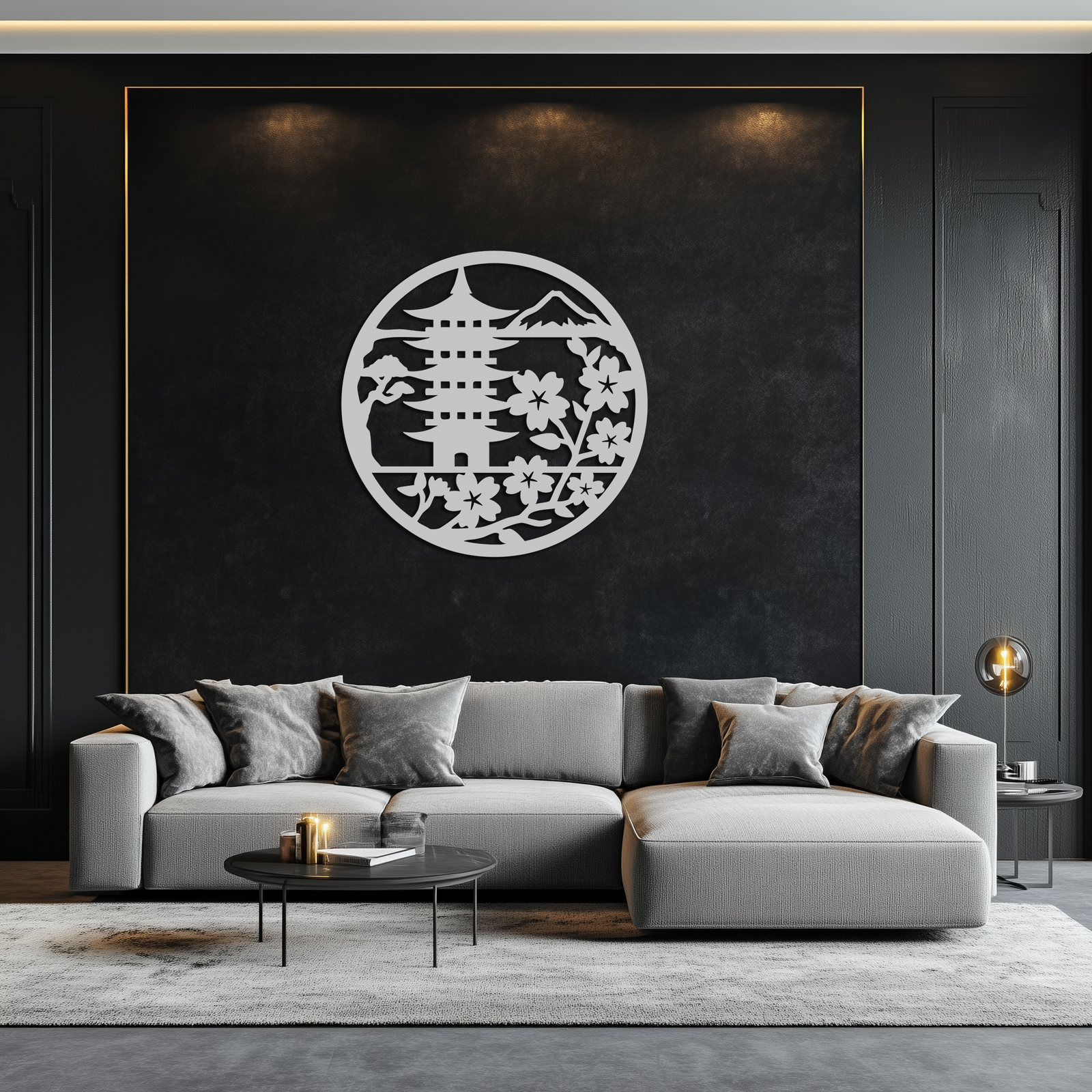 Japon Pagoda ve Sakura Çiçekleri Metal Duvar Sanatı – Zen Bahçe Dekoru- KAF570