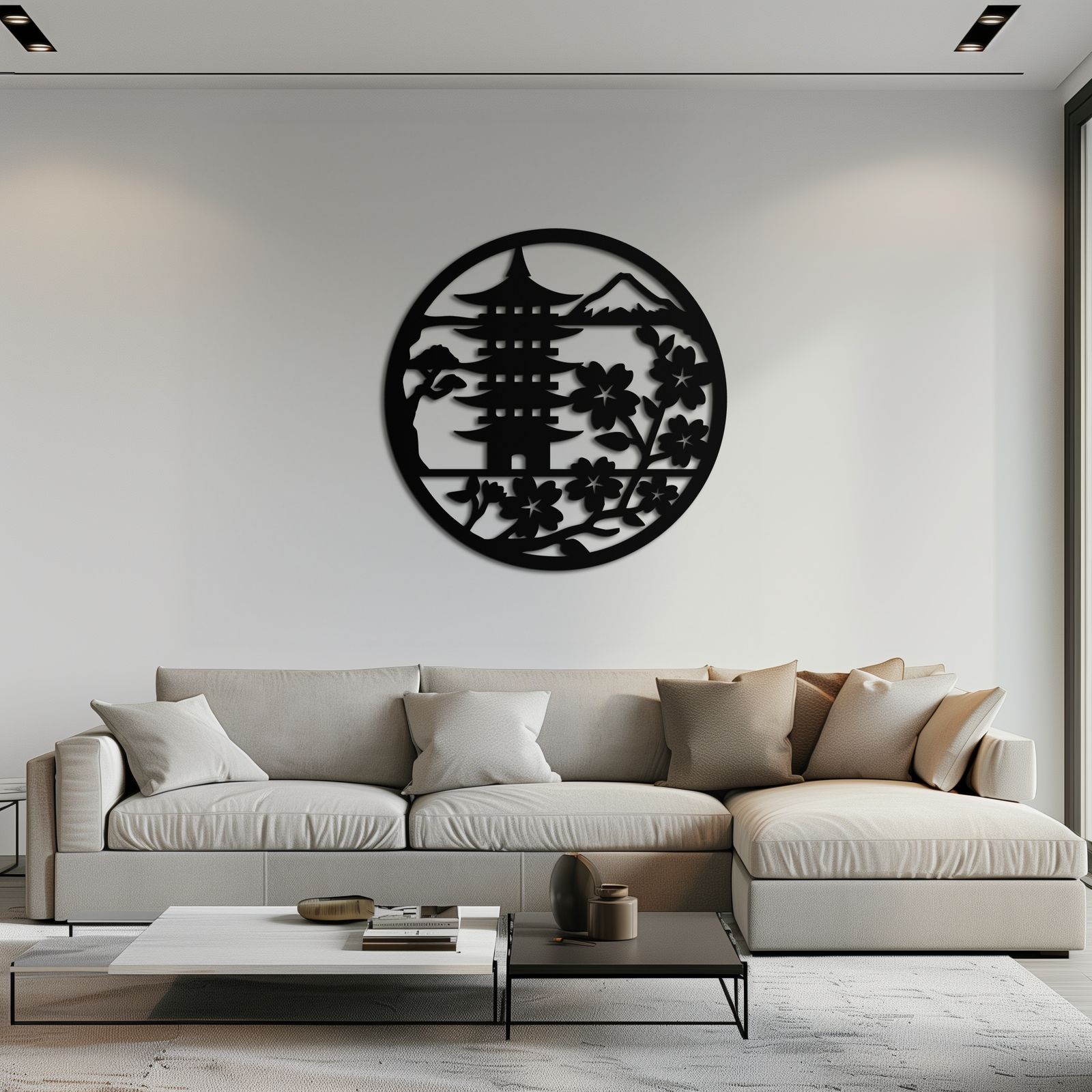 Japon Pagoda ve Sakura Çiçekleri Metal Duvar Sanatı – Zen Bahçe Dekoru- KAF570