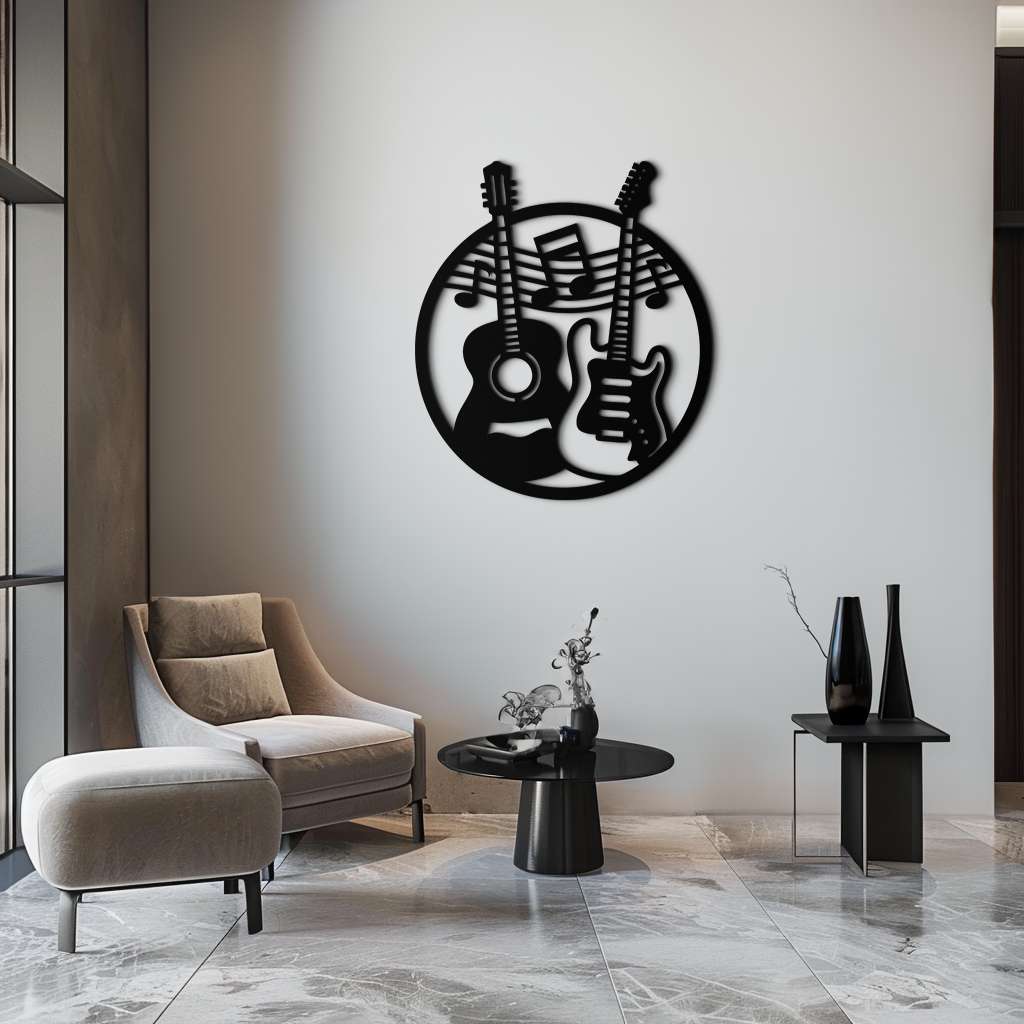 Müzikal Gitar Notaları Metal Duvar Sanatı – Modern Müzisyen Dekoru- KAF571