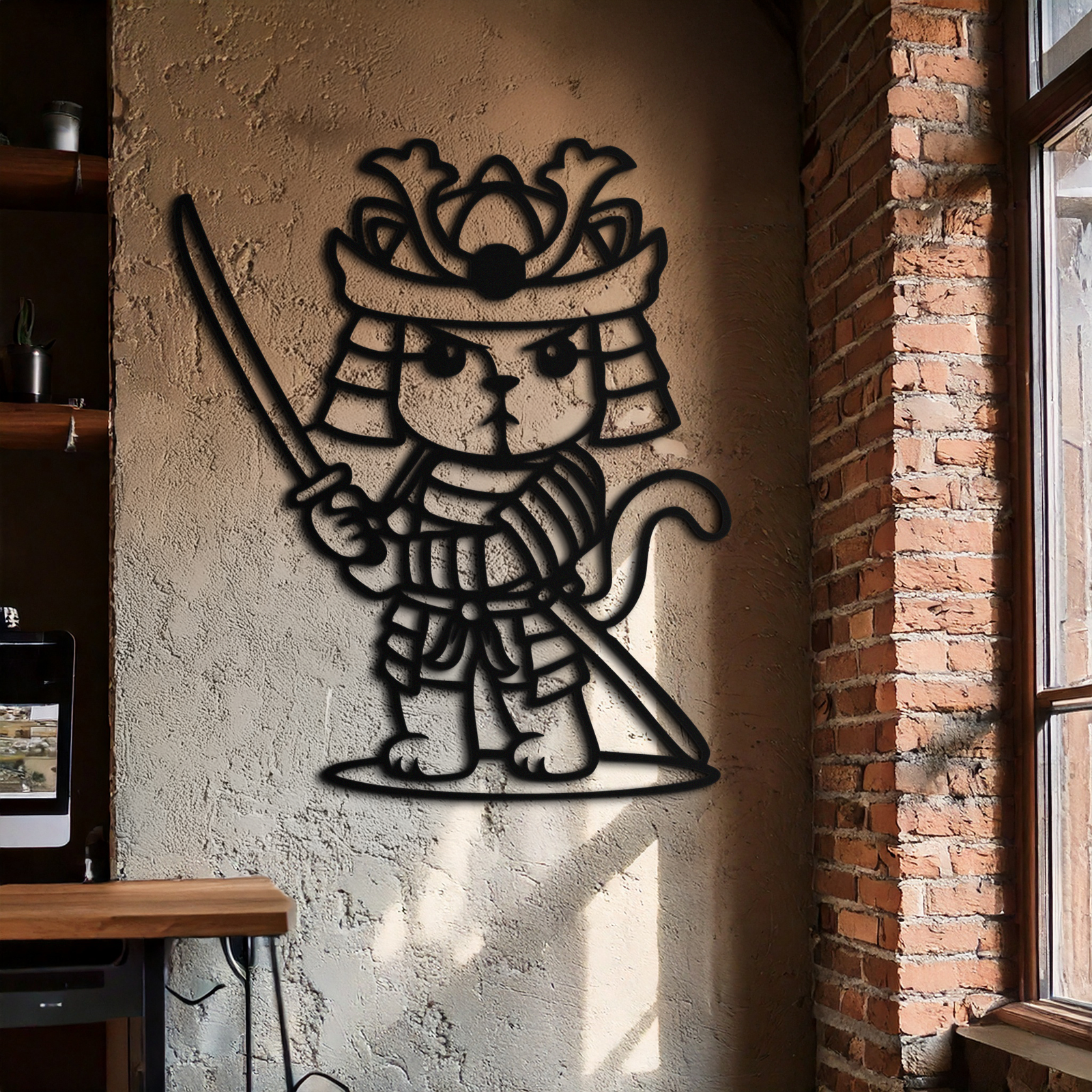 Samurai Cat Warrior Metal Wall Art – Cute Japanese Katana Decor- KAF576