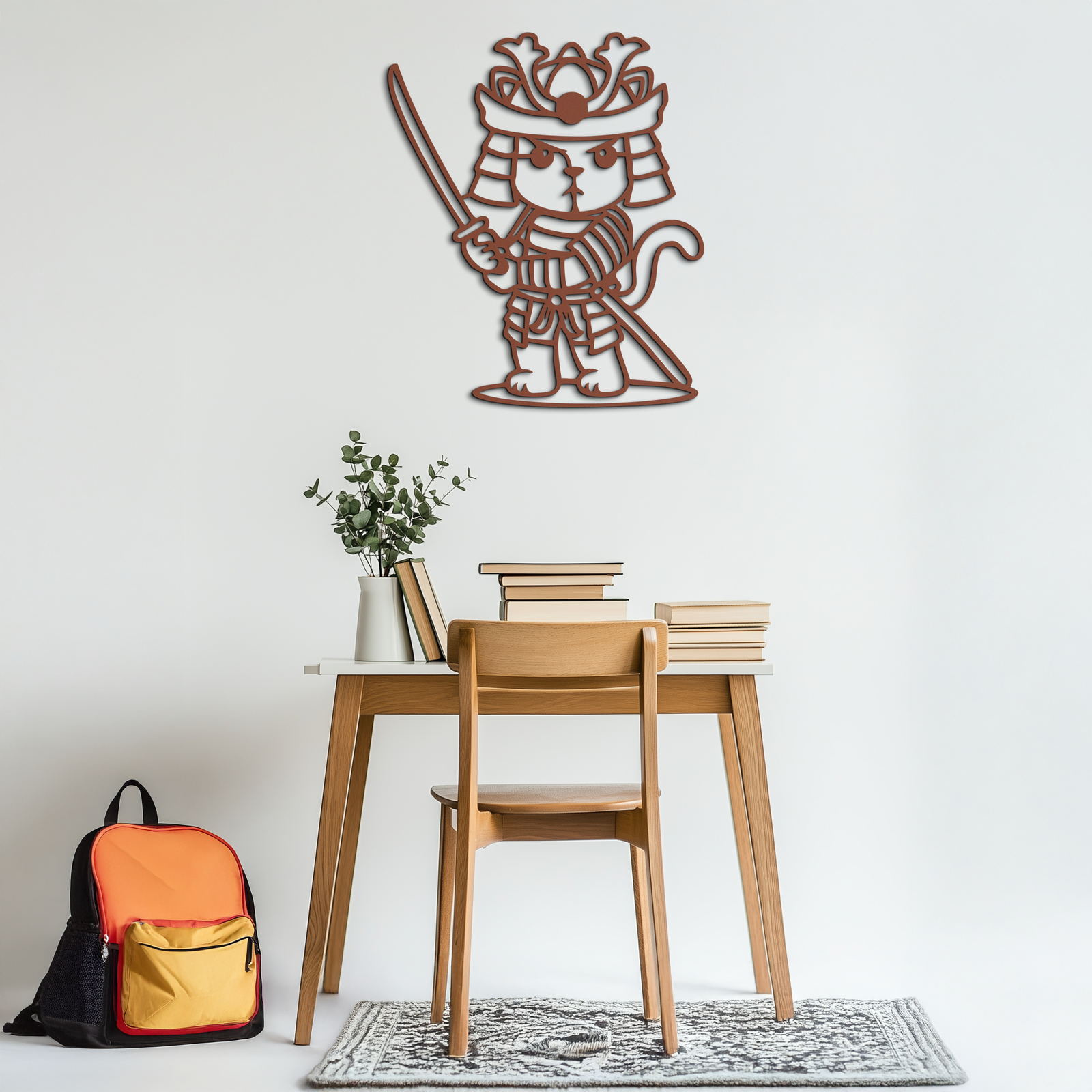 Samurai Cat Warrior Metal Wall Art – Cute Japanese Katana Decor- KAF576