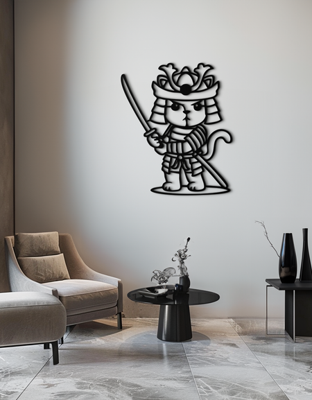 Samuray Kedi Savaşçısı Metal Duvar Sanatı – Sevimli Japon Katana Dekoru- KAF576