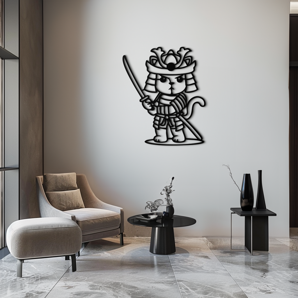 Samurai Cat Warrior Metal Wall Art – Cute Japanese Katana Decor- KAF576