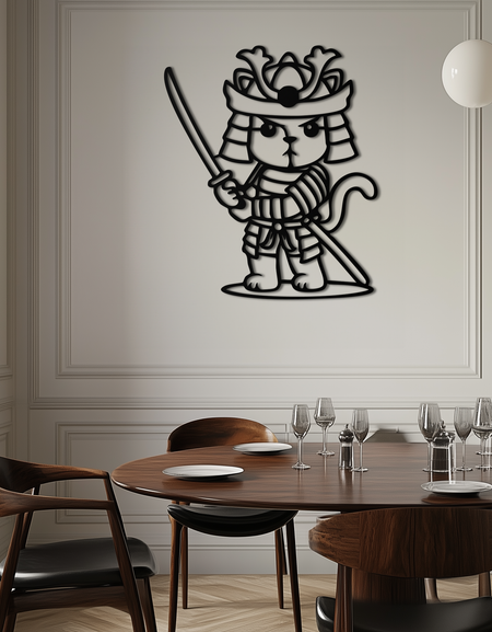 Samuray Kedi Savaşçısı Metal Duvar Sanatı – Sevimli Japon Katana Dekoru- KAF576