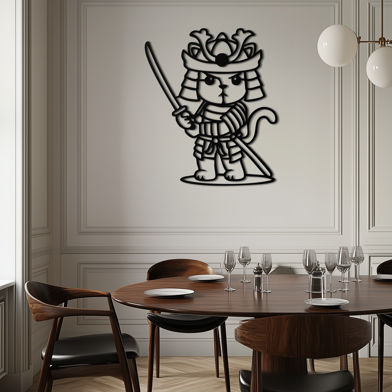 Samurai Cat Warrior Metal Wall Art – Cute Japanese Katana Decor- KAF576