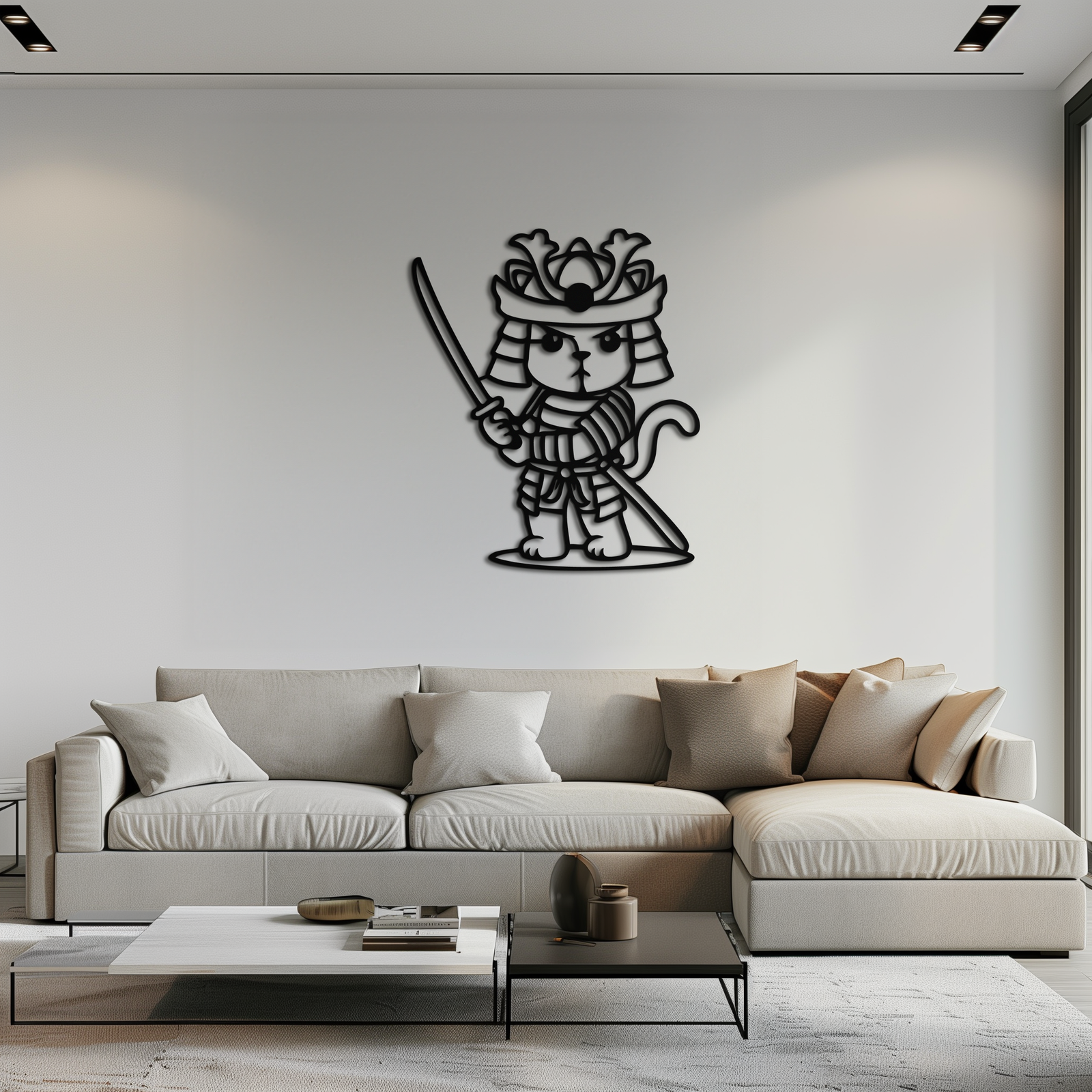 Samurai Cat Warrior Metal Wall Art – Cute Japanese Katana Decor- KAF576