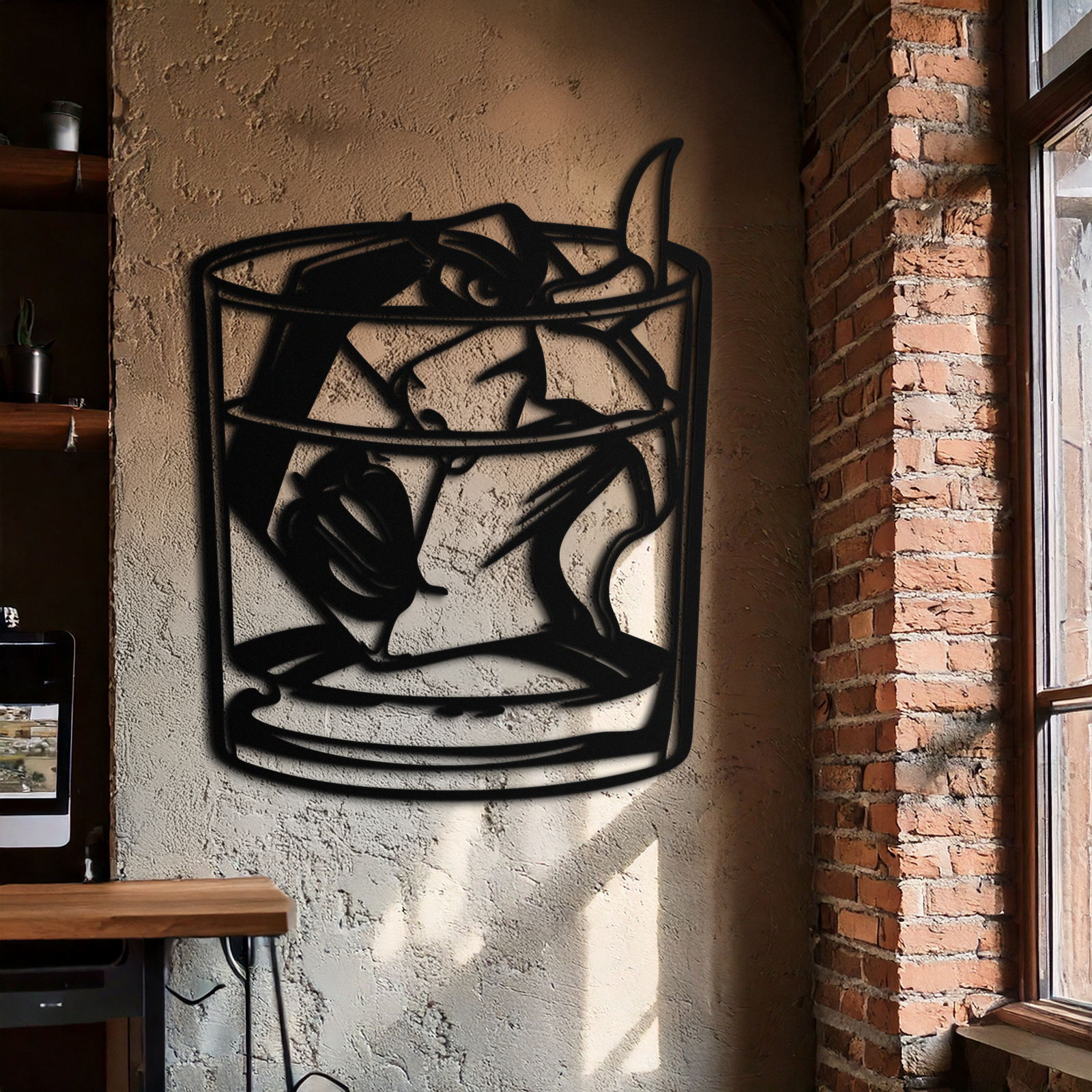 Woman in Whiskey Glass Metal Wall Art – Ice Cube Design Bar Decor for Modern Interiors- KAF578