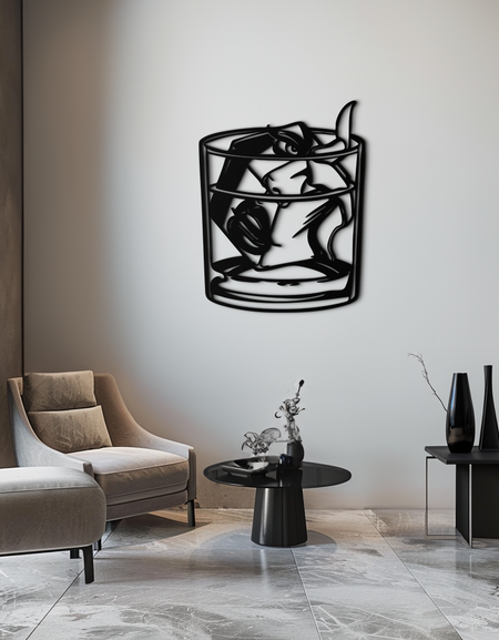 Viski Camlı Kadın Metal Duvar Sanatı – Modern İç Mekanlar İçin Buz Küpü Tasarım Bar Dekoru- KAF578