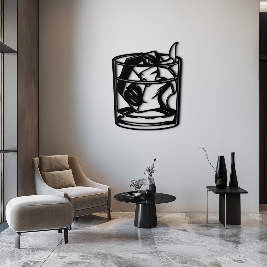 Woman in Whiskey Glass Metal Wall Art – Ice Cube Design Bar Decor for Modern Interiors- KAF578