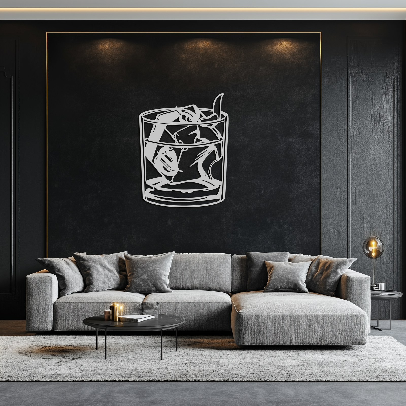 Woman in Whiskey Glass Metal Wall Art – Ice Cube Design Bar Decor for Modern Interiors- KAF578