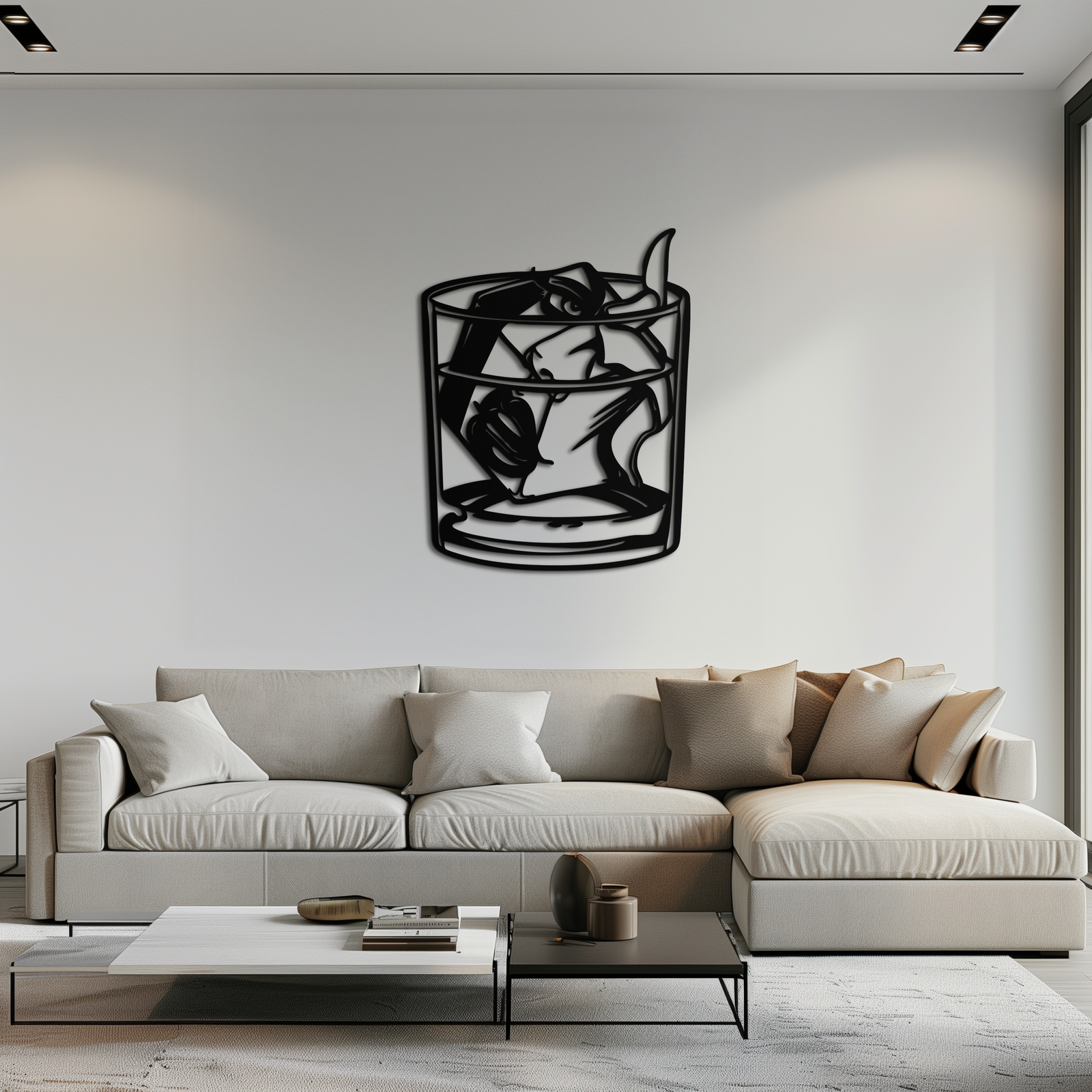 Woman in Whiskey Glass Metal Wall Art – Ice Cube Design Bar Decor for Modern Interiors- KAF578