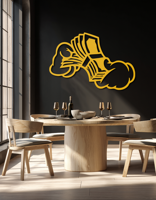 Load image into Gallery viewer, Fist Holding Money Stack Metal Wall Art – Bold Dollar Bill Hand Silhouette for Modern Spaces- KAF579
