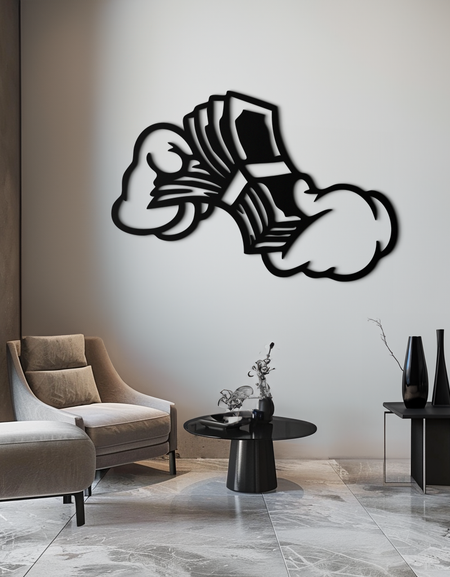 Fist Holding Money Stack Metal Wall Art – Bold Dollar Bill Hand Silhouette for Modern Spaces- KAF579