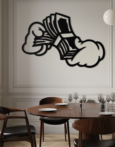 Fist Holding Money Stack Metal Wall Art – Bold Dollar Bill Hand Silhouette for Modern Spaces- KAF579